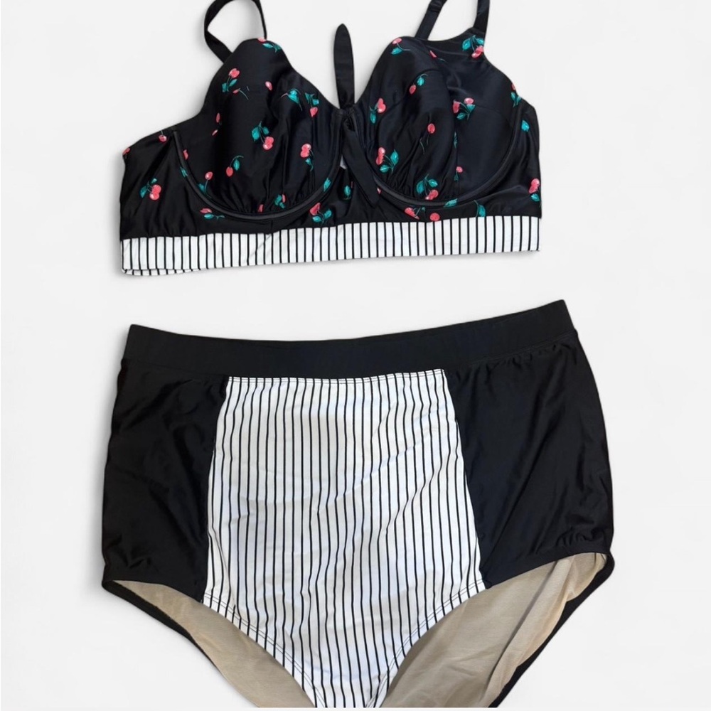 Cacique Black and White Striped Bikini with cherry print🍒